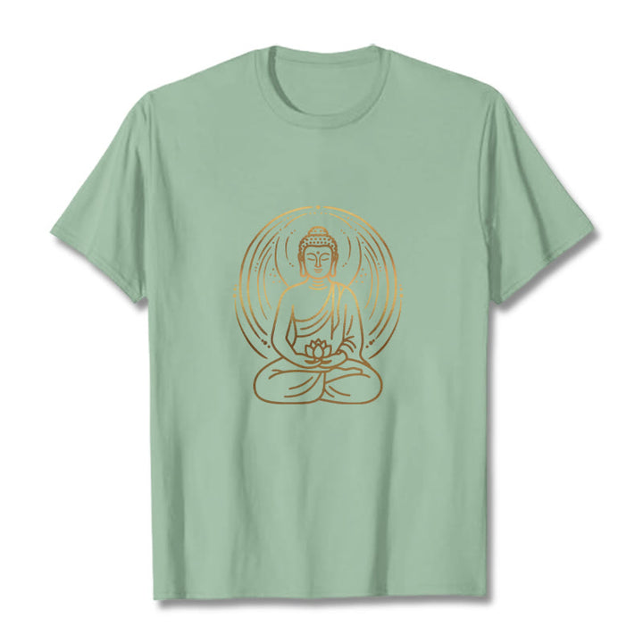 Buddha Stones、黄金の瞑想仏陀の光背、蓮の花を持つTシャツ - 淡い緑色 - 2XL - image 14