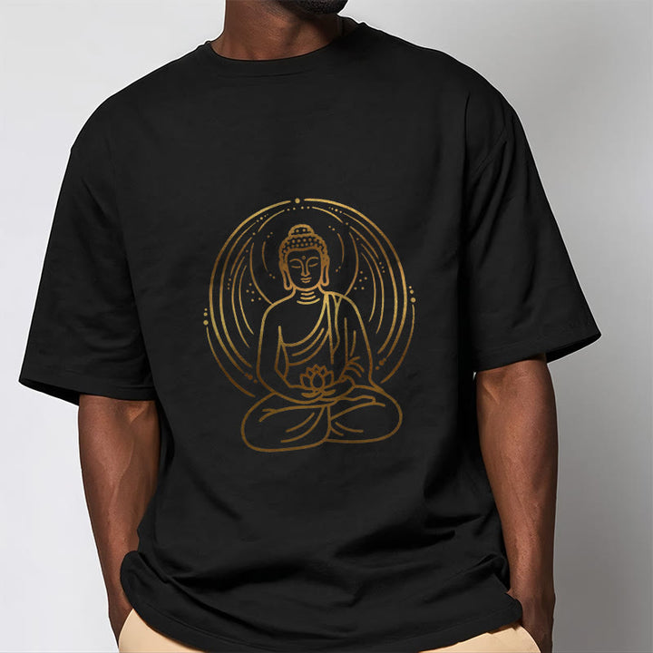Buddha Stones、黄金の瞑想仏陀の光背、蓮の花を持つTシャツ - image 4