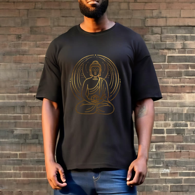 Buddha Stones、黄金の瞑想仏陀の光背、蓮の花を持つTシャツ - image 5