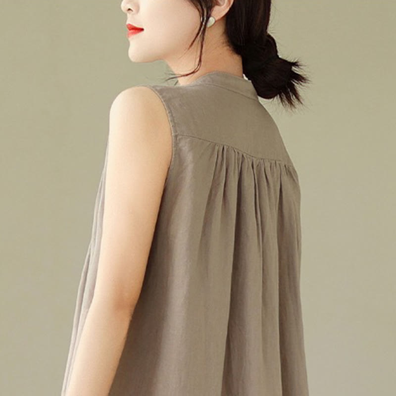 Buddha Stonesプレーン シングルブレスト プリーツデザイン ノースリーブ コットンリネン ミディドレス - image 10