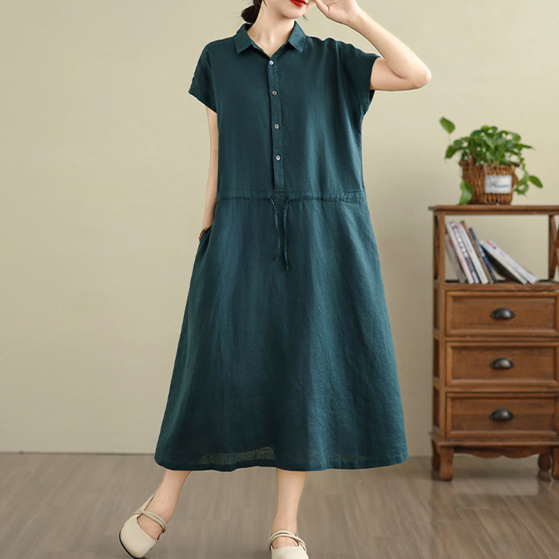 Buddha Stonesサマー 無地 半袖 ドローストリング コットンリネン ミディドレス ポケット付き - image 11