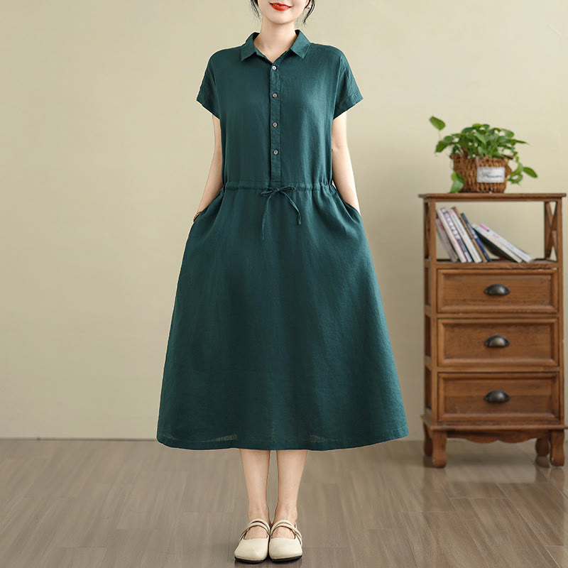 Buddha Stonesサマー 無地 半袖 ドローストリング コットンリネン ミディドレス ポケット付き - image 7