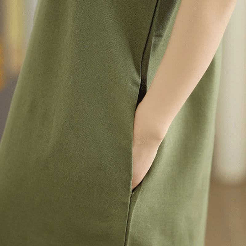 Buddha Stonesカジュアル 無地 ボタンバックデザイン ノースリーブ コットンリネン ミディドレス ポケット付き - image 8