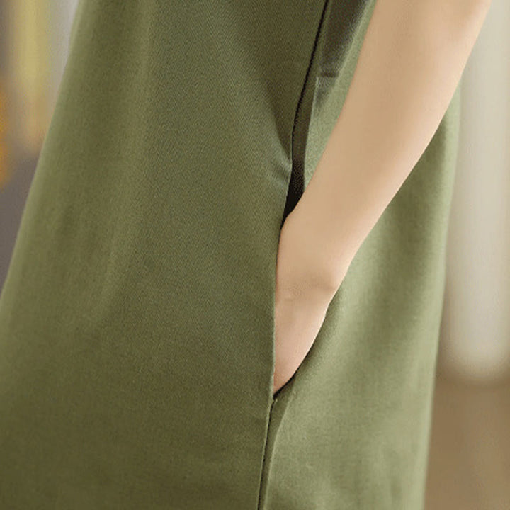 Buddha Stonesカジュアル 無地 ボタンバックデザイン ノースリーブ コットンリネン ミディドレス ポケット付き - image 8