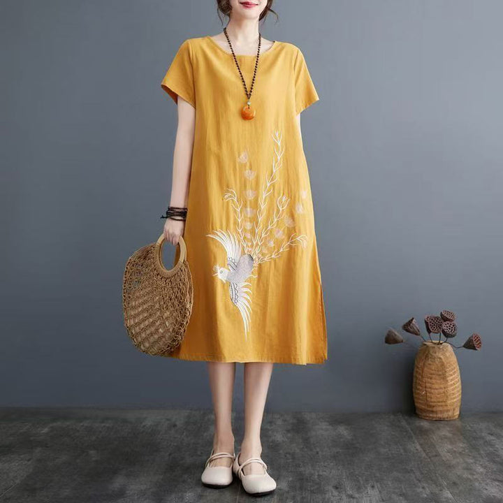 Buddha Stonesの夏プリント フェニックス柄 半袖 コットンリネン ミディドレス - 金 - US14、 UK/AU18、 EU46 (4XL) - image 8