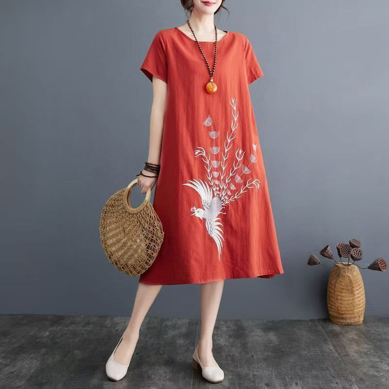 Buddha Stonesサマープリント鳳凰柄半袖ミディドレス - オレンジレッド - US14、 UK/AU18、 EU46 (4XL) - image 0