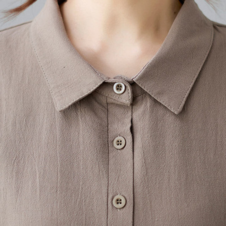 Buddha Stonesカジュアルプレーンサイドレースアップラペル半袖コットンリネンミディドレス（ポケット付き） - image 6