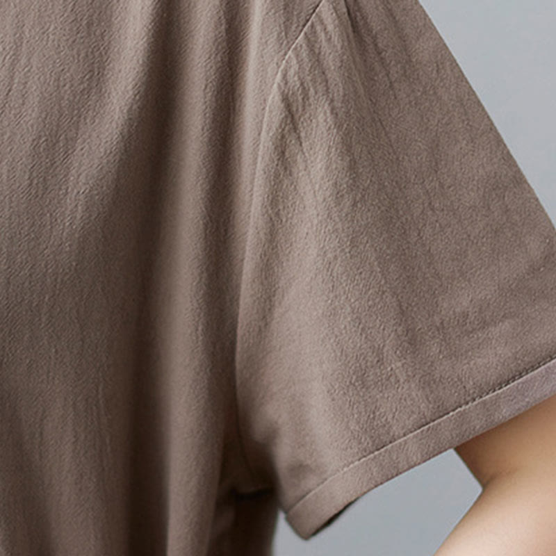 Buddha Stonesカジュアルプレーンサイドレースアップラペル半袖コットンリネンミディドレス（ポケット付き） - image 8