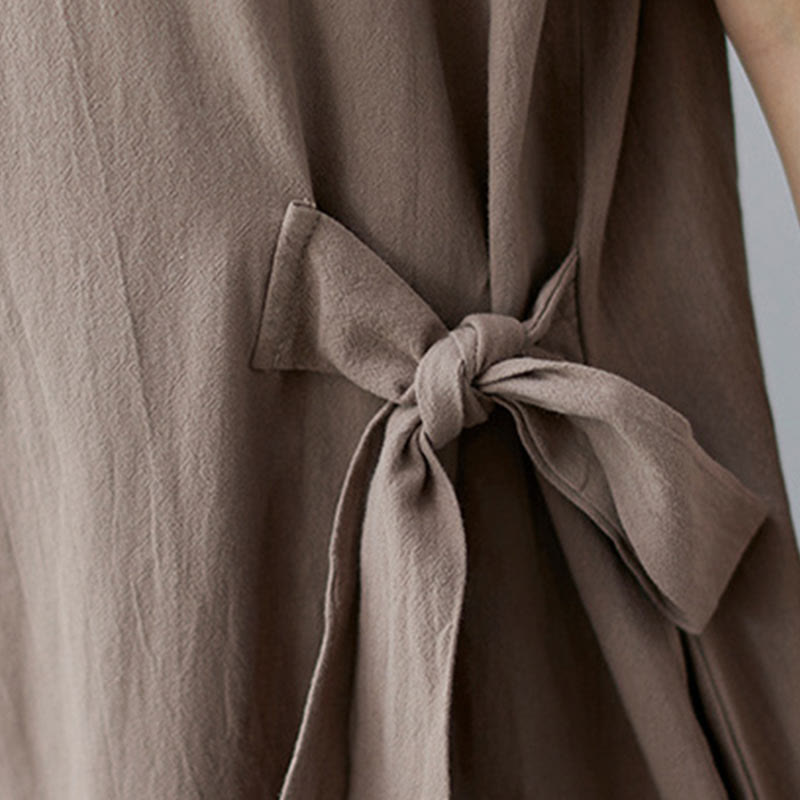 Buddha Stonesカジュアルプレーンサイドレースアップラペル半袖コットンリネンミディドレス（ポケット付き） - image 9