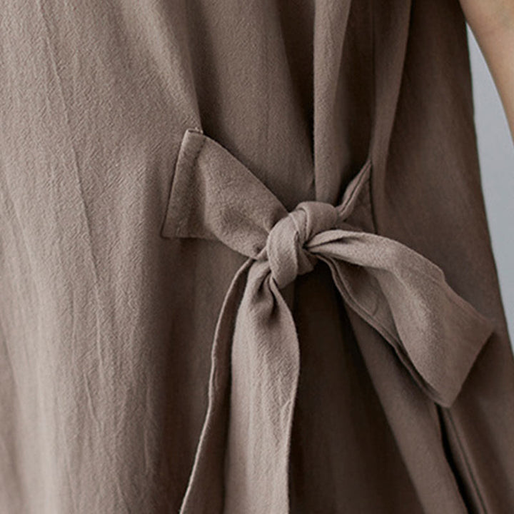 Buddha Stonesカジュアルプレーンサイドレースアップラペル半袖コットンリネンミディドレス（ポケット付き） - image 9