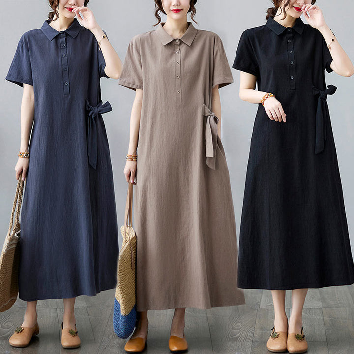 Buddha Stonesカジュアルプレーンサイドレースアップラペル半袖コットンリネンミディドレス（ポケット付き） - image 25