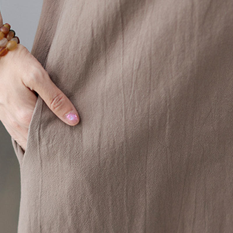 Buddha Stonesカジュアルプレーンサイドレースアップラペル半袖コットンリネンミディドレス（ポケット付き） - image 10