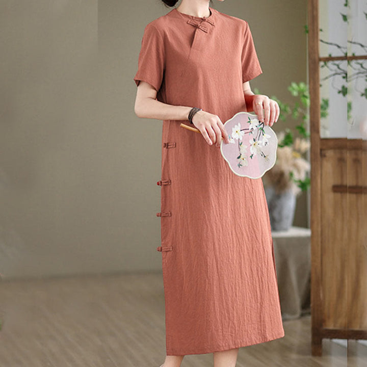 Buddha Stonesの夏ヴィンテージ純色中国風フロッグボタンチャイナドレス、チャイナドレス、ミディ丈ドレス - image 4