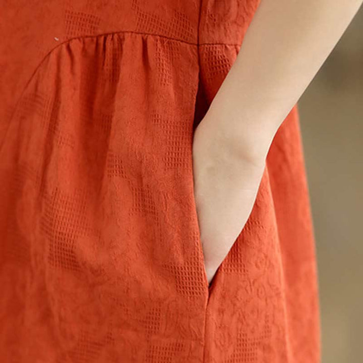 Buddha Stonesプレーン ジャカード ラペル コットン リネン 半袖 ミディドレス ポケット付き - image 17