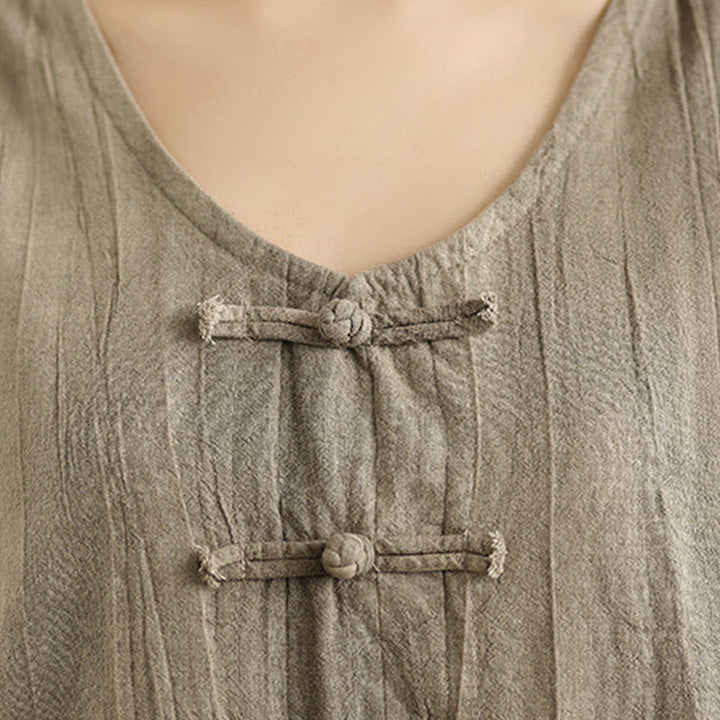 Buddha Stonesタイダイ染めチャイニーズフロッグボタンラミーリネンノースリーブミディドレス（ポケット付き） - image 14