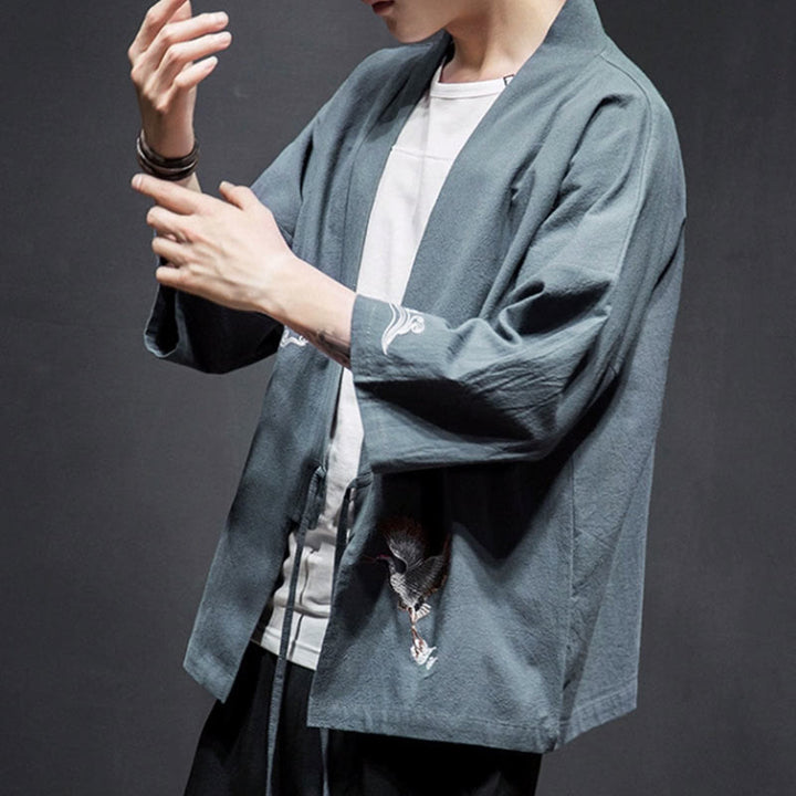 Buddha Stones刺繍入りオープンフロントジャケット コットンリネン メンズ 七分袖着物 - image 28