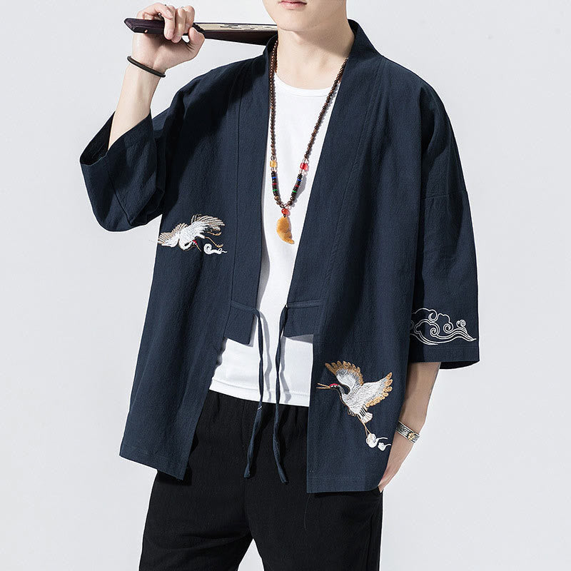 Buddha Stones刺繍入りオープンフロントジャケット メンズ 七分袖着物 - 海軍 - US/UK/AU46、 EU56 (5XL) - image 0