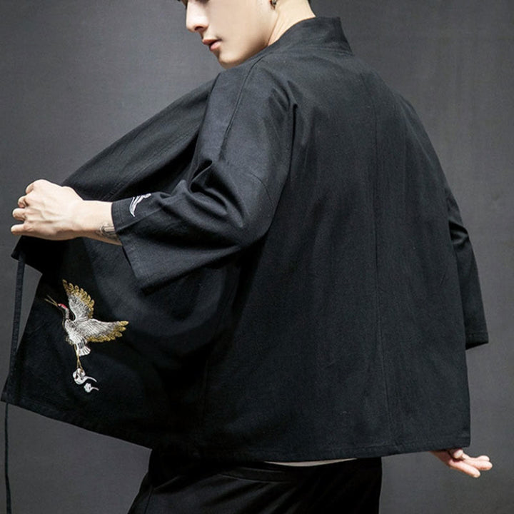 Buddha Stones刺繍入りオープンフロントジャケット コットンリネン メンズ 七分袖着物 - image 12