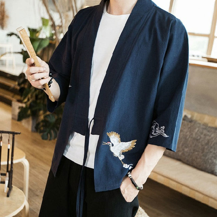 Buddha Stones刺繍入りオープンフロントジャケット コットンリネン メンズ 七分袖着物 - image 2