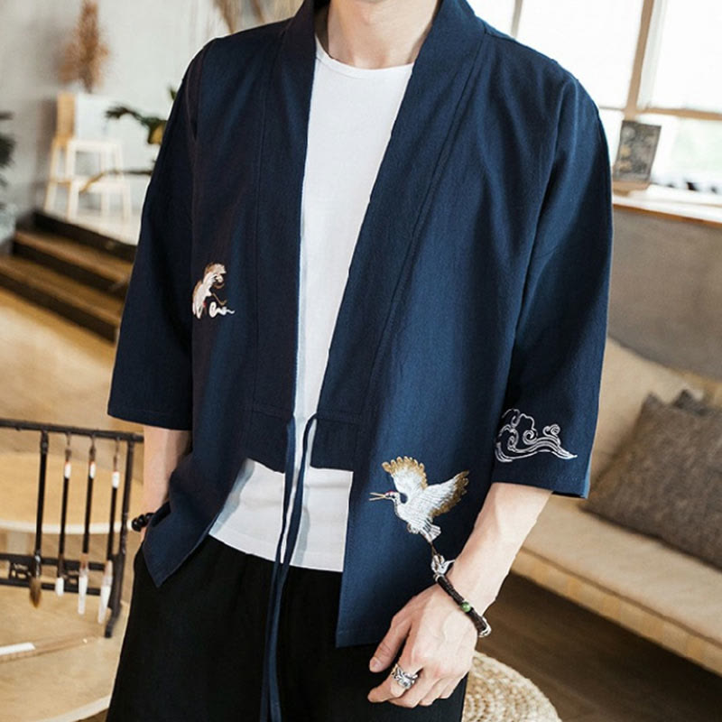 Buddha Stones刺繍入りオープンフロントジャケット コットンリネン メンズ 七分袖着物 - image 6