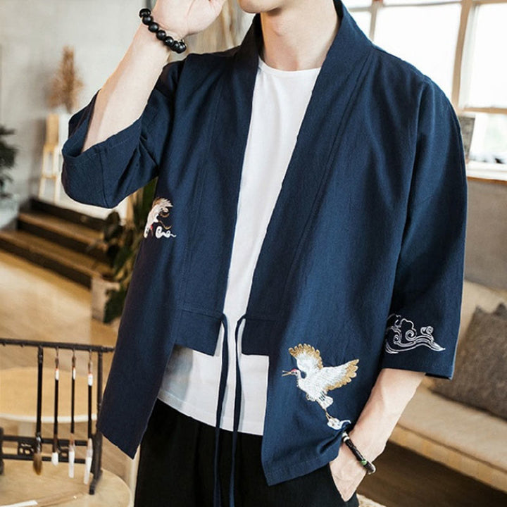 Buddha Stones刺繍入りオープンフロントジャケット コットンリネン メンズ 七分袖着物 - image 5