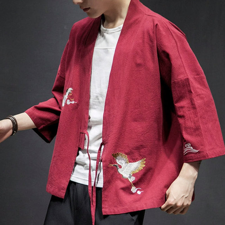 Buddha Stones刺繍入りオープンフロントジャケット コットンリネン メンズ 七分袖着物 - image 19