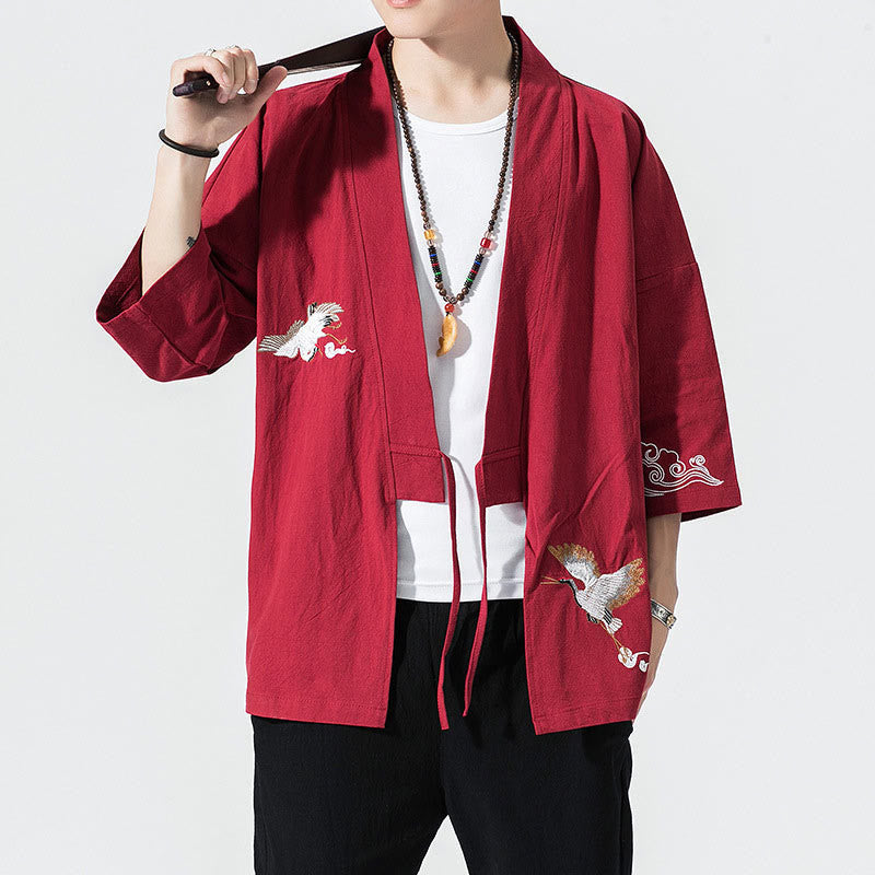 Buddha Stones刺繍入りオープンフロントジャケット メンズ 七分袖着物 - クリムゾン - US/UK/AU46、 EU56 (5XL) - image 18