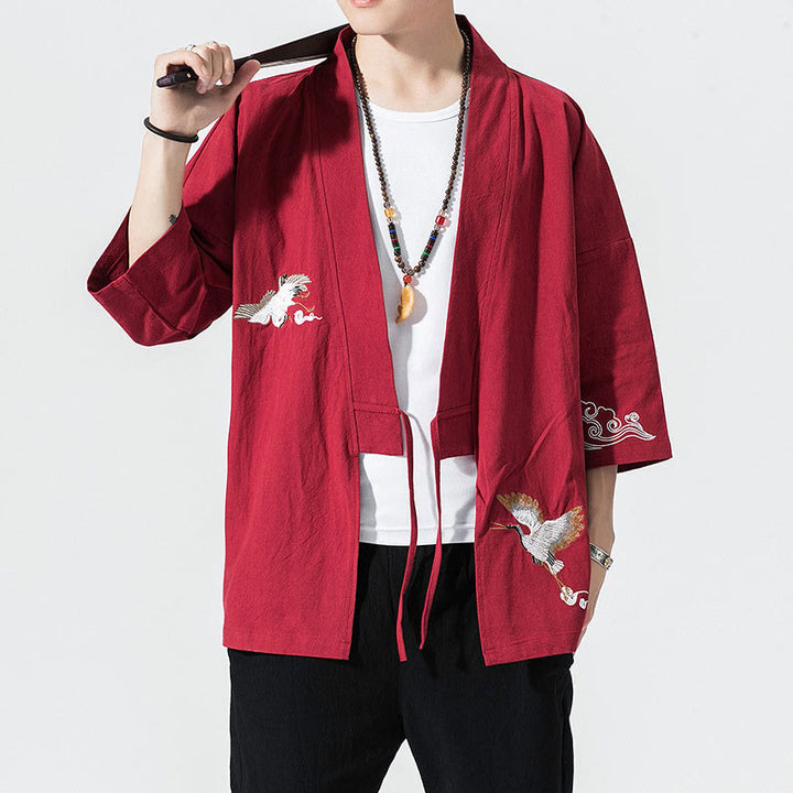 Buddha Stones刺繍入りオープンフロントジャケット メンズ 七分袖着物 - クリムゾン - US/UK/AU46、 EU56 (5XL) - image 18