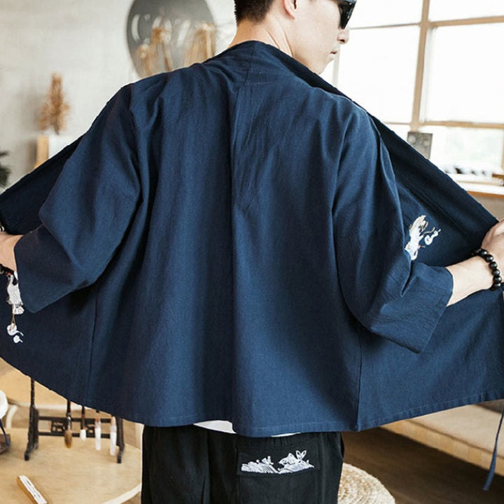 Buddha Stones刺繍入りオープンフロントジャケット コットンリネン メンズ 七分袖着物 - image 4