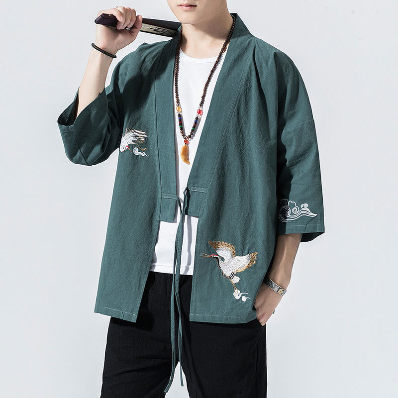 Buddha Stones刺繍入りオープンフロントジャケット メンズ 七分袖着物 - カデットブルー - US/UK/AU46、 EU56 (5XL) - image 24