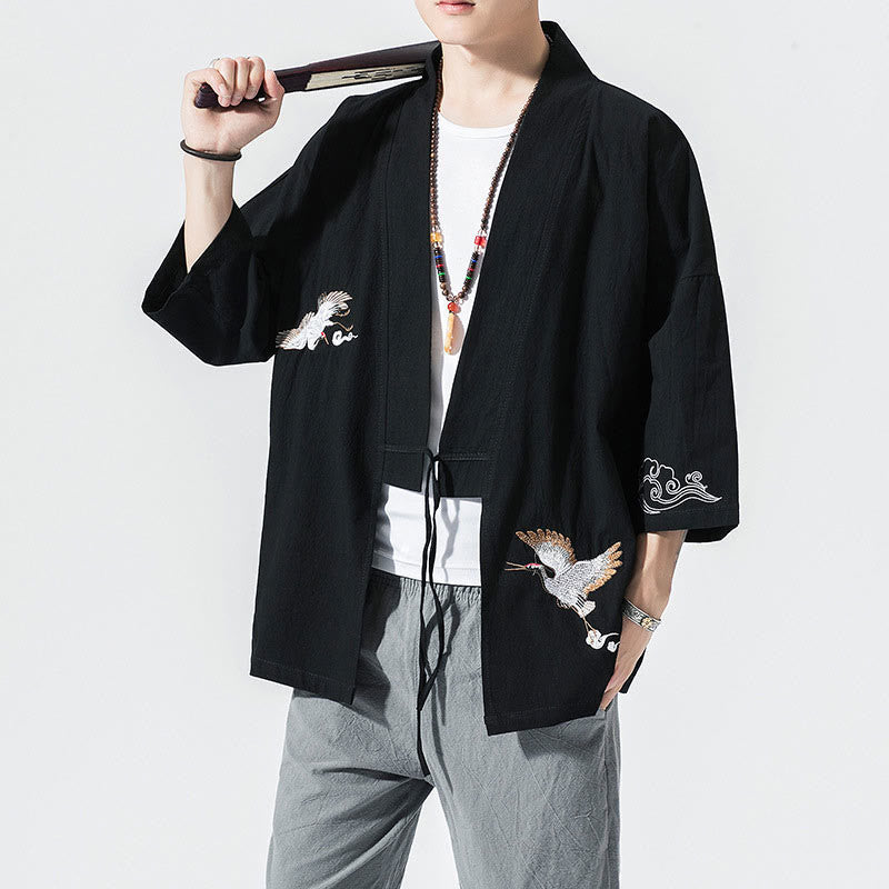 Buddha Stones刺繍入りオープンフロントジャケット メンズ 七分袖着物 - 黒 - US/UK/AU46、 EU56 (5XL) - image 10