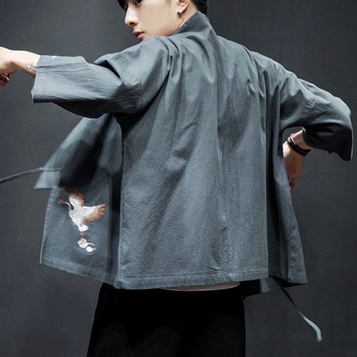 Buddha Stones刺繍入りオープンフロントジャケット コットンリネン メンズ 七分袖着物 - image 26