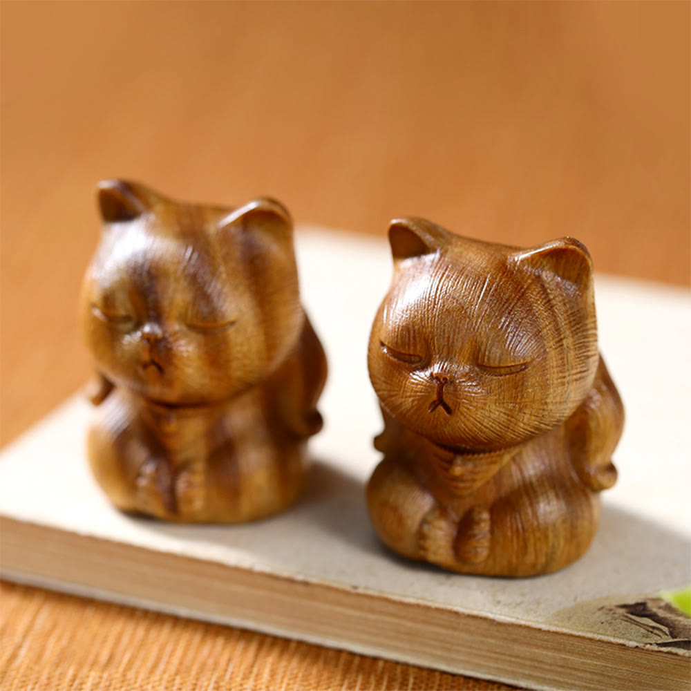 Buddha Stones小さなミニグリーンサンダルウッド ラッキーキャット彫刻 癒しの装飾品 - image 2