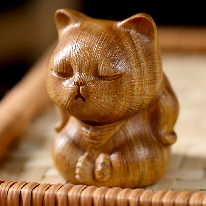 Buddha Stones小さなミニグリーンサンダルウッド ラッキーキャット彫刻 癒しの装飾品 - image 3