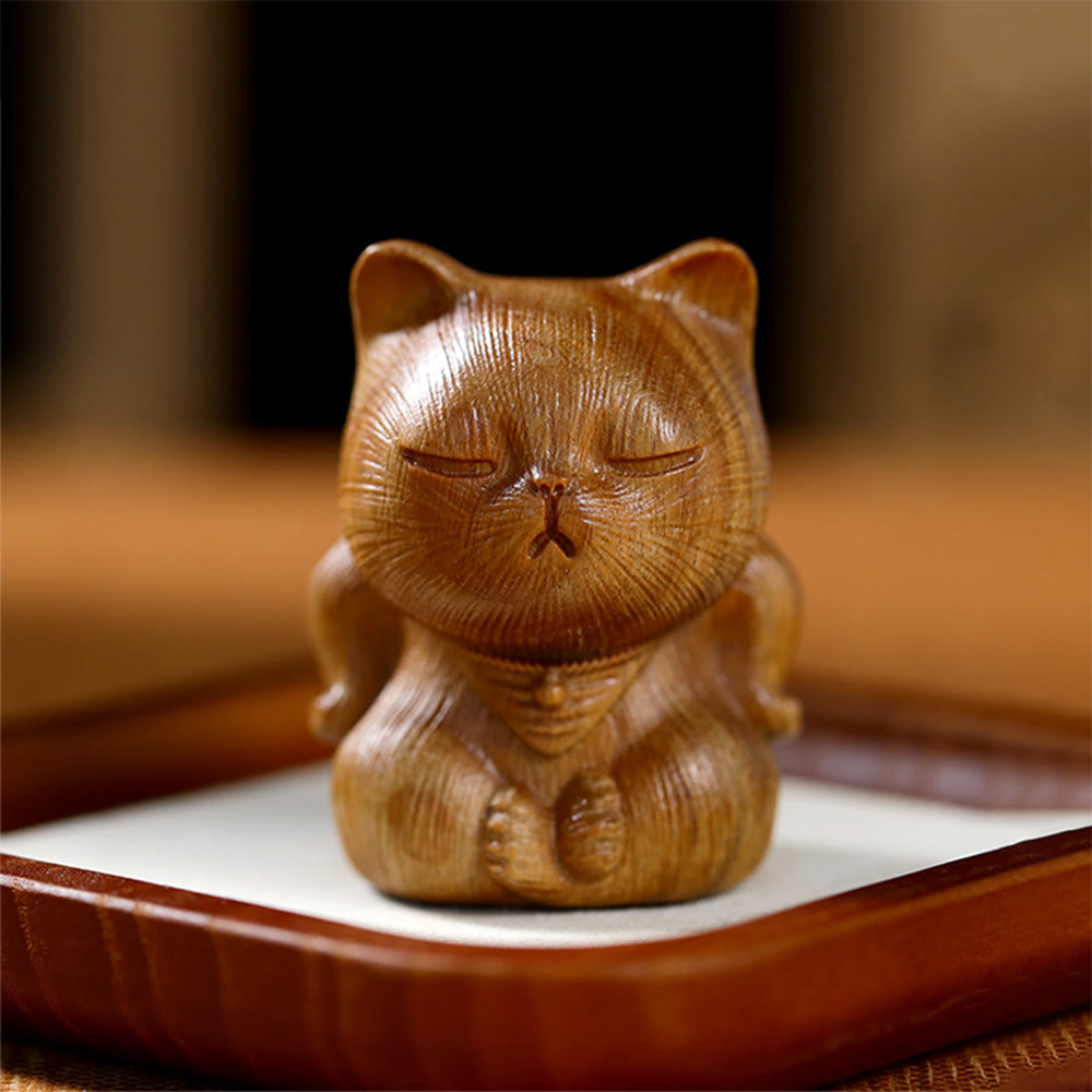 Buddha Stones小さなミニグリーンサンダルウッド ラッキーキャット彫刻 癒しの装飾品 - グリーンサンダルウッド 5*3.8*3.6cm - image 0