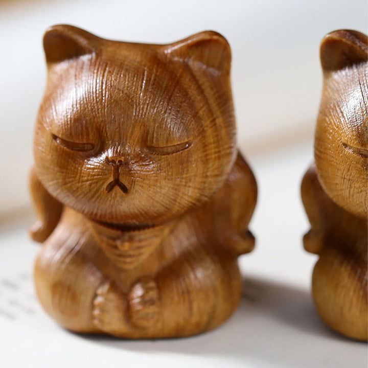 Buddha Stones小さなミニグリーンサンダルウッド ラッキーキャット彫刻 癒しの装飾品 - image 4