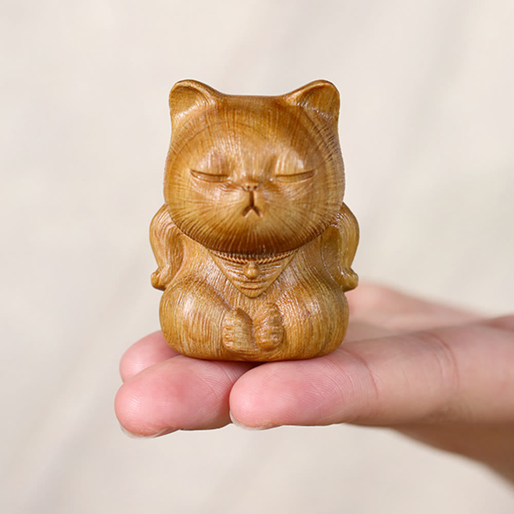 Buddha Stones小さなミニグリーンサンダルウッド ラッキーキャット彫刻 癒しの装飾品 - image 9