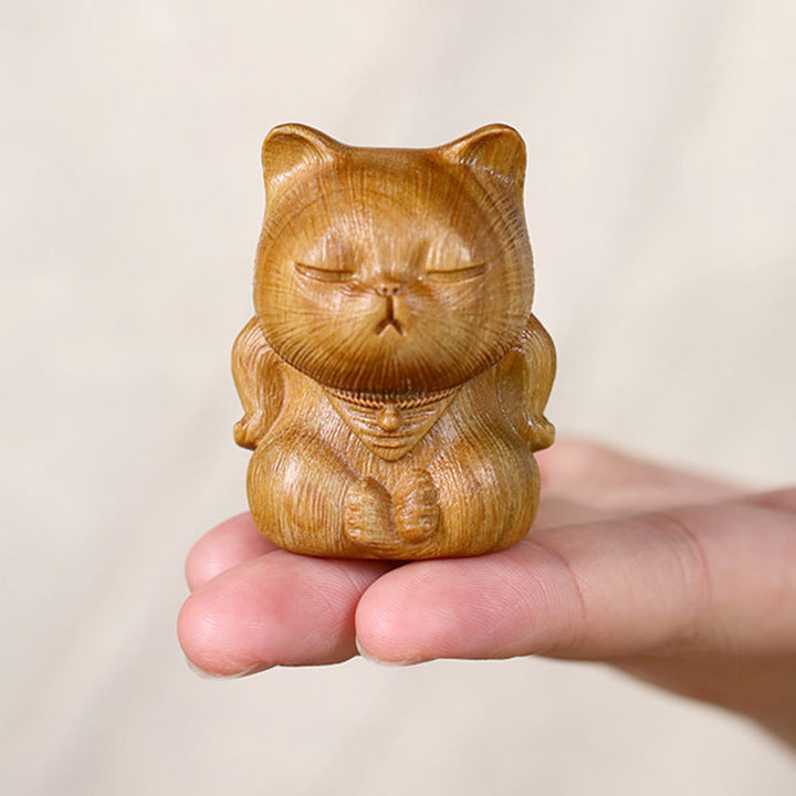 Buddha Stones小さなミニグリーンサンダルウッド ラッキーキャット彫刻 癒しの装飾品 - image 9