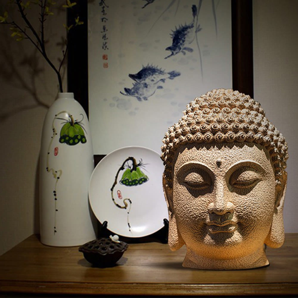 Buddha Stones目を閉じて瞑想する仏頭 樹脂像 禅 ホームデコレーション 42*30*30cm - image 3