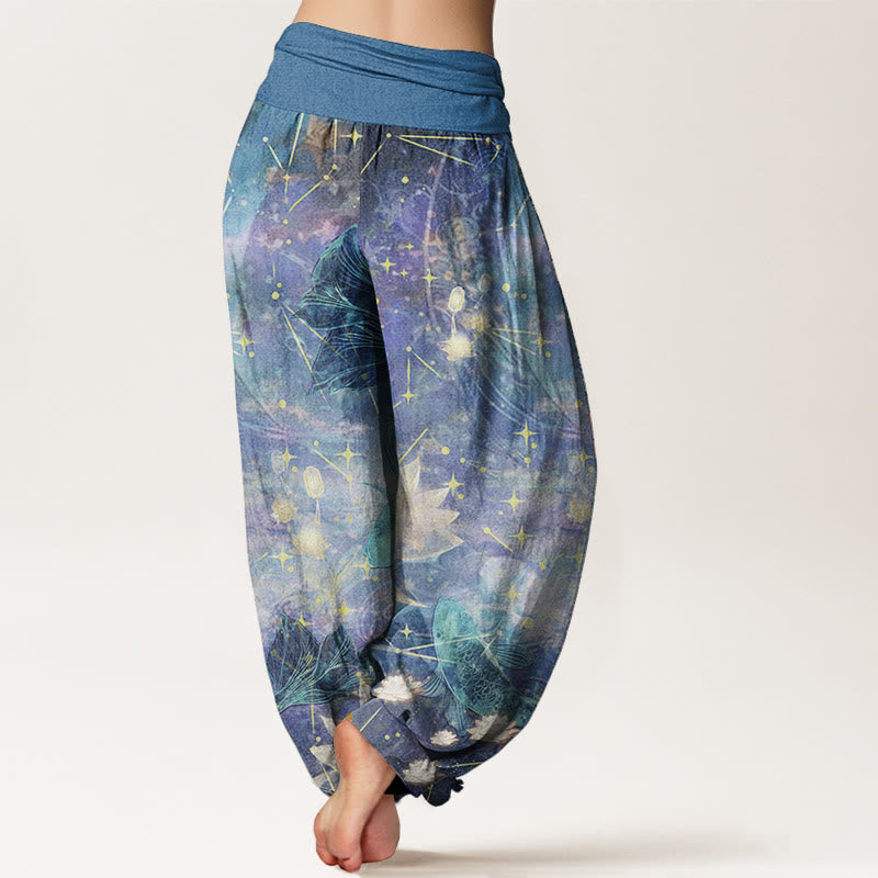 Buddha Stones純綿 鯉 蓮 月 星柄 レディース 伸縮性ウエスト ハーレムパンツ - image 1