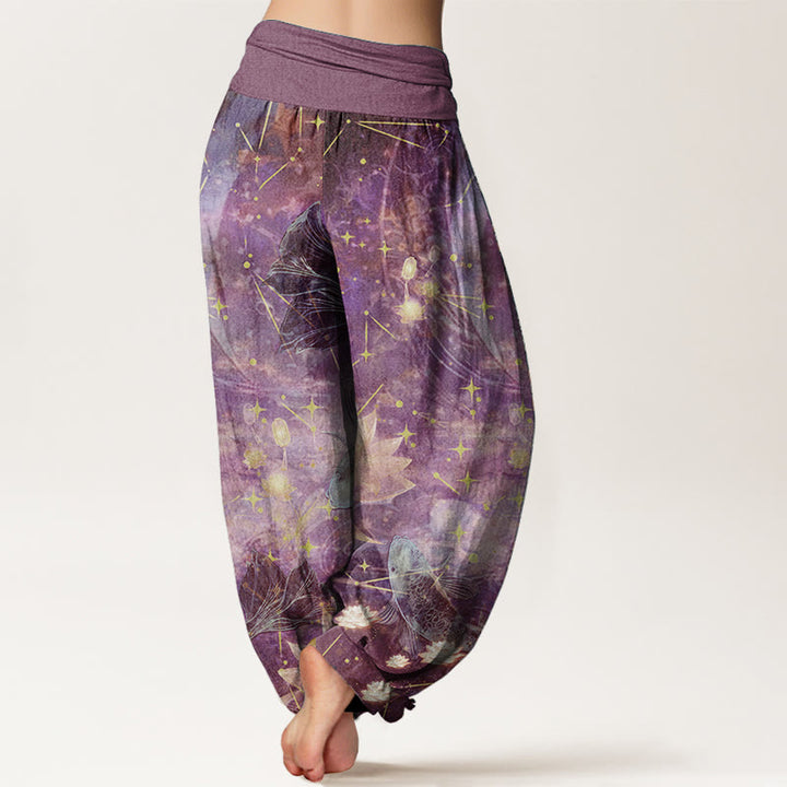 Buddha Stones純綿 鯉 蓮 月 星柄 レディース 伸縮性ウエスト ハーレムパンツ - image 6