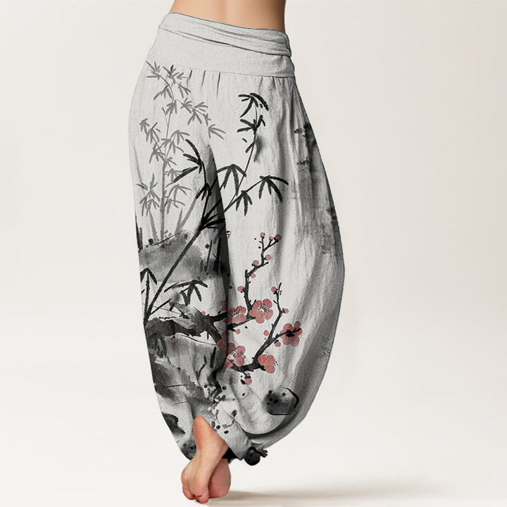 Buddha Stones純綿 梅の花 竹 蘭 菊柄 レディース ウエストゴム ハーレムパンツ