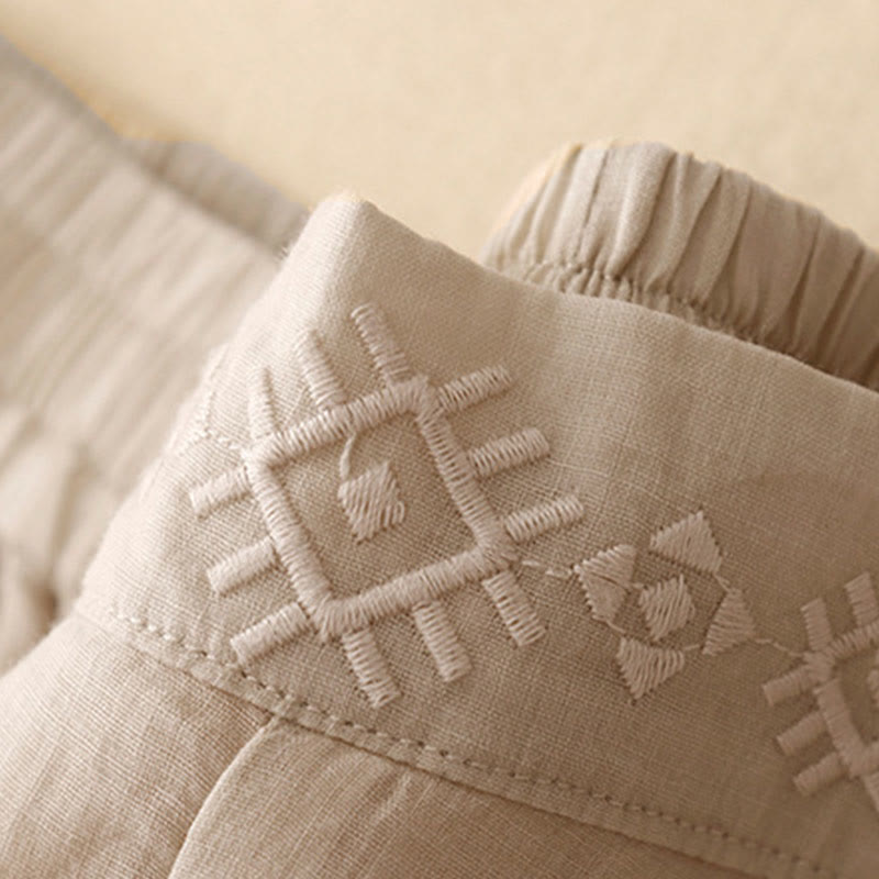 Buddha Stonesの幾何学模様刺繍入り伸縮性ウエストレディースコットンリネンワイドレッグパンツ（ポケット付き） - image 15