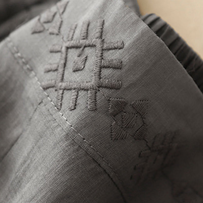 Buddha Stonesの幾何学模様刺繍入り伸縮性ウエストレディースコットンリネンワイドレッグパンツ（ポケット付き） - image 8