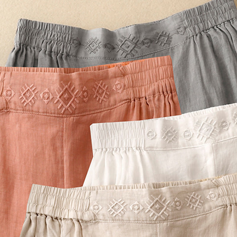 Buddha Stonesの幾何学模様刺繍入り伸縮性ウエストレディースコットンリネンワイドレッグパンツ（ポケット付き） - image 26