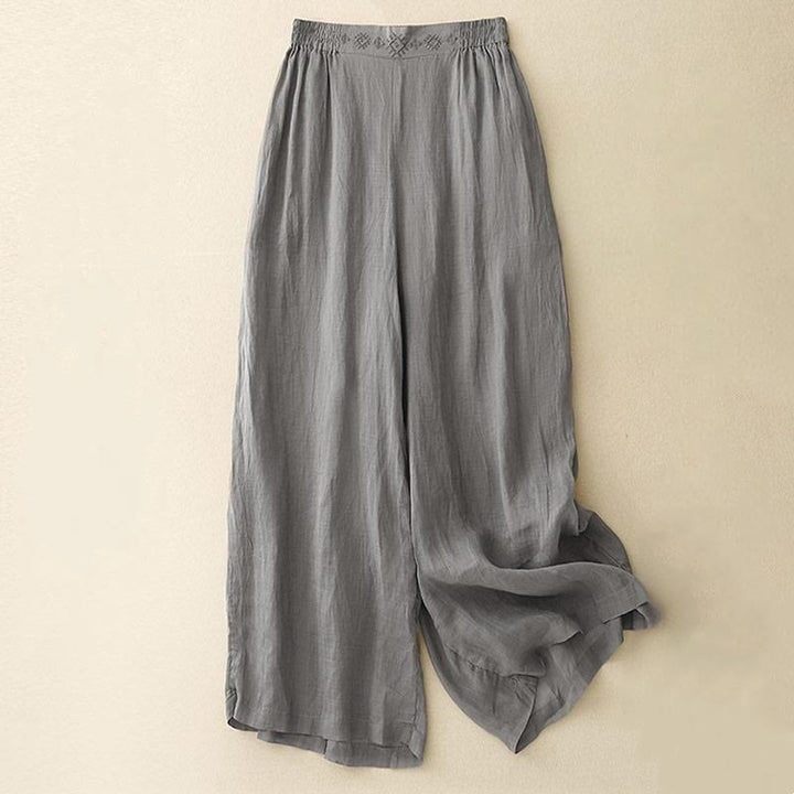Buddha Stonesの幾何学模様刺繍入り伸縮性ウエストレディースコットンリネンワイドレッグパンツ（ポケット付き） - グレー - US8-10，UK/AU12-14，EU40-42 (2XL) - image 6