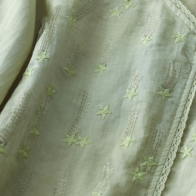 Buddha Stonesカジュアル シューティングスター 刺繍 Vネック 半袖 コットンリネン レディース シャツ - image 13