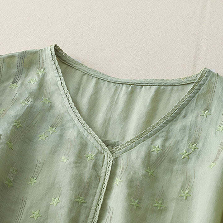 Buddha Stonesカジュアル シューティングスター 刺繍 Vネック 半袖 コットンリネン レディース シャツ