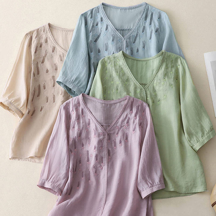 Buddha Stonesカジュアル シューティングスター 刺繍 Vネック 半袖 コットンリネン レディース シャツ - image 24