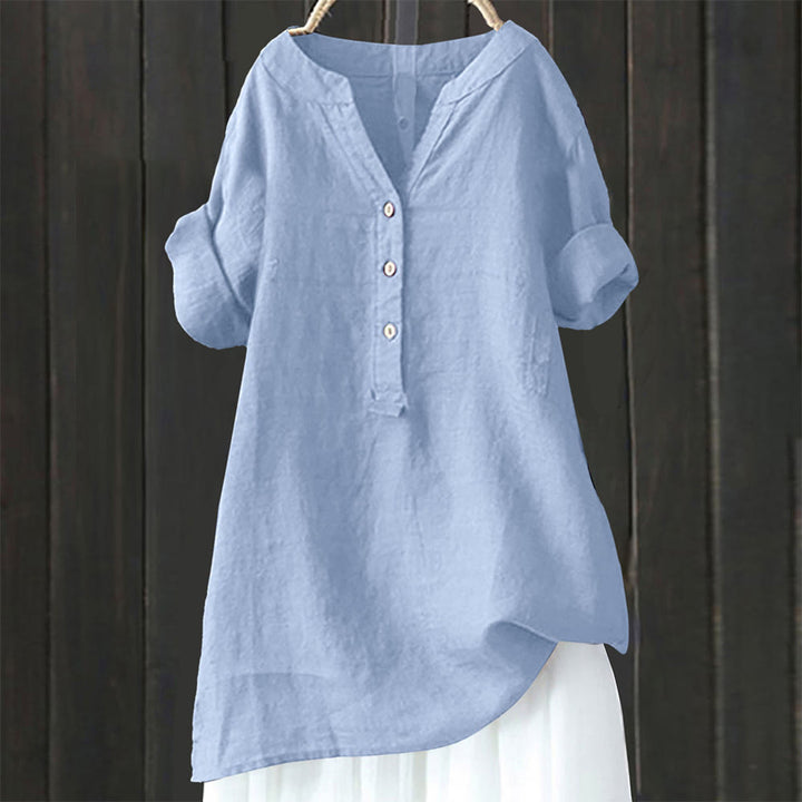 Buddha Stonesカジュアル 無地 ボタン ノッチカラー レディース 半袖シャツ - ライトスチールブルー - US20、 UK/AU24、 EU52 (5XL) - image 0